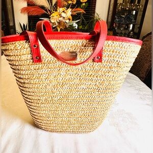 Laura Geller Beauty Beach Bag Tote Rattan Woven Wicker Picnic Straw Summer